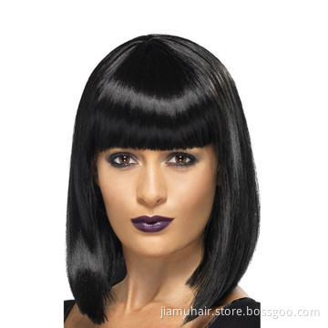 Short Straight Wig  Brown Synthetic Bobo Wigs with Bangs Cosplay Natural Daily Hair